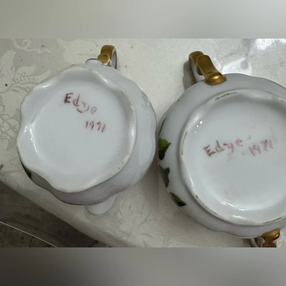 Vintage hand-painted creamer and sugar bowl set, porcelain (As-Is) by Edye 1971